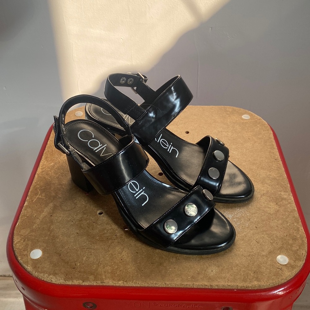 Calvin Klein black leather open toed heel with silver studs